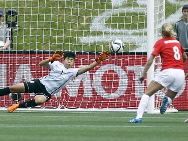 Thailand's Waraporn Boonsing (1) can't stop a direct kick by Norway's Trine Ronning (7) (not pictured) during the first half of their first match of the FIFA Women's World Cup at TD Place in Ottawa Sunday June 07, 2015.