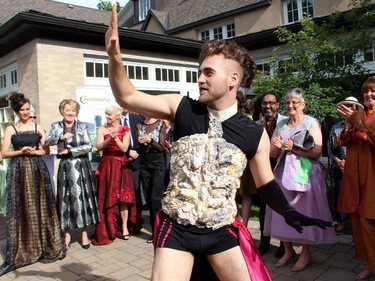 The annual Sukhoo Sukhoo fashion show featured professional dancers, like Maxime Nadeau in high heels and a pink skirt cape, during the garden party for Cornerstone Housing for Women, held Sunday, June 7, 2015, at the official residence of the Irish ambassador.
