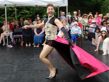 The Sukhoo Sukhoo fashion show featured dancer Maxime Nadeau in high heels and a pink skirt cape, during the annual garden party for Cornerstone Housing for Women, held Sunday, June 7, 2015, at the official residence of the Irish ambassador.