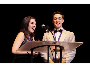 The winner(s) for Choreography: Gaelan O'Shea (R) and Kate van den Berg (L), Merivale High School for Singin' in the Rain, accept(s) their award, during the 10th annual Cappies Gala awards, held at the National Arts Centre, on June 07, 2015.
