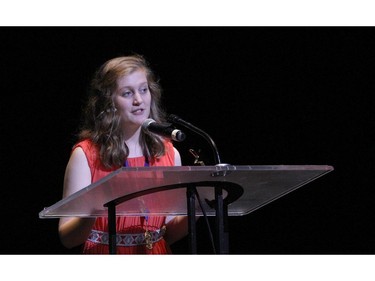 The winner(s) for Creativity: Molly McGuire, Lyric Writing, St. Francis Xavier High School, accept(s) their award, during the 10th annual Cappies Gala awards, held at the National Arts Centre, on June 07, 2015.