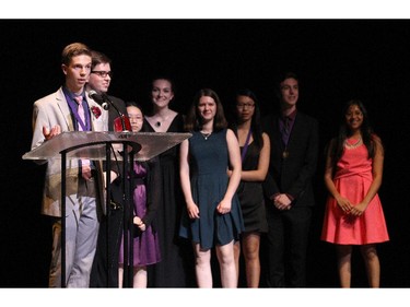 The winner(s) for Critic Team: Bell High School, is accepted by Soren Wainio-Theberge during the 10th annual Cappies Gala awards, held at the National Arts Centre, on June 07, 2015.