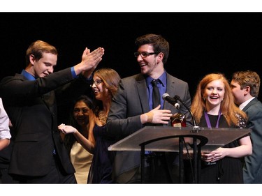 The winner(s) for Critics' Favorite Musical: The Addams Family: The New Musical Comedy, A. Y. Jackson Secondary School, accept(s) their award, during the 10th annual Cappies Gala awards, held at the National Arts Centre, on June 07, 2015.