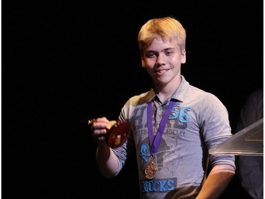The winner(s) for Featured Actor In a Play: Zach Ferguson, Gloucester High School for Cue for Treason, accept(s) their award, during the 10th annual Cappies Gala awards, held at the National Arts Centre, on June 07, 2015.