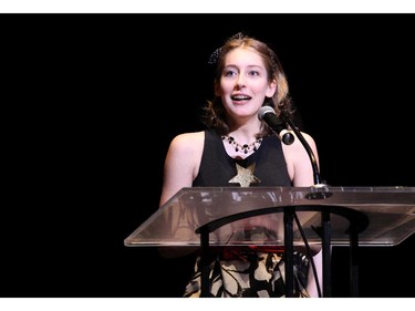 The winner(s) for Featured Actress In a Musical: Vicky Murat, Earl of March Secondary School for Fiddler on the Roof, accept(s) their award, during the 10th annual Cappies Gala awards, held at the National Arts Centre, on June 07, 2015.