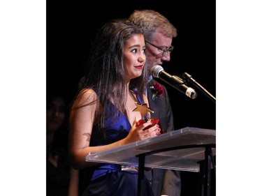 The winner(s) for Featured Actress In a Play: Madison Baines, Longfields-Davidson Heights Secondary School for The Laramie Project, accept(s) their award, during the 10th annual Cappies Gala awards, held at the National Arts Centre, on June 07, 2015.