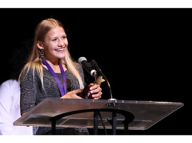 The winner(s) for Female Dancer: Kiana Gibson, Merivale High School for Singin' in the Rain, accept(s) their award, during the 10th annual Cappies Gala awards, held at the National Arts Centre, on June 07, 2015.