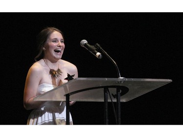 The winner(s) for Female Vocalist: Danielle Hebert, Philemon Wright High School for Grease, accept(s) their award, during the 10th annual Cappies Gala awards, held at the National Arts Centre, on June 07, 2015.