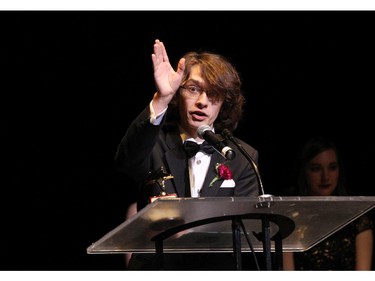 The winner(s) for Lead Actor in a Musical: Christian Garnons-Williams, Earl of March Secondary School for Fiddler on the Roof, accept(s) their award, during the 10th annual Cappies Gala awards, held at the National Arts Centre, on June 07, 2015.