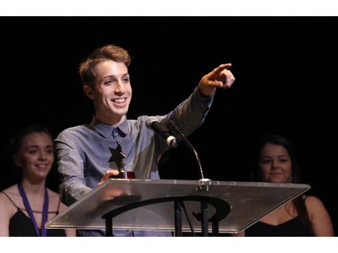 The winner(s) for Lead Actor in a Play: Caelen Corrigan, Holy Trinity Catholic High School for A Midsummer Night's Dream, accept(s) their award, during the 10th annual Cappies Gala awards, held at the National Arts Centre, on June 07, 2015.