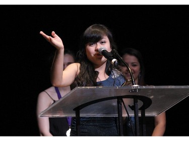 The winner(s) for Lead Actress in a Musical: Bernice Reyes, Lester B. Pearson Catholic High School for The Sound of Music, accept(s) their award, during the 10th annual Cappies Gala awards, held at the National Arts Centre, on June 07, 2015.