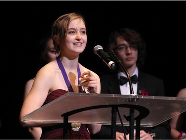 The winner(s) for Lead Actress in a Play: Sarah Dolan, Sir Robert Borden High School for The Angelina Project, accept(s) their award, during the 10th annual Cappies Gala awards, held at the National Arts Centre, on June 07, 2015.