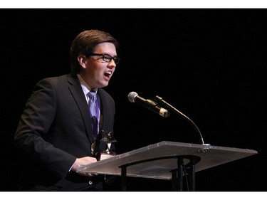 The winner(s) for Male Critic: Thomas Power, Bell High School, accept(s) their award, during the 10th annual Cappies Gala awards, held at the National Arts Centre, on June 07, 2015.