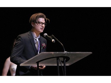 The winner(s) for Male Vocalist: Brett Riddiford, A. Y. Jackson Secondary School for The Addams Family: The New Musical Comedy, accept(s) their award, during the 10th annual Cappies Gala awards, held at the National Arts Centre, on June 07, 2015.