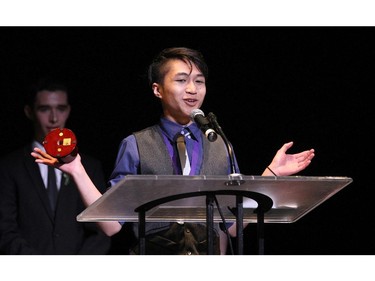 The winner(s) for Supporting Actor in a Play: Carl Cachero, Holy Trinity Catholic High School for A Midsummer Night's Dream, accept(s) their award, during the 10th annual Cappies Gala awards, held at the National Arts Centre, on June 07, 2015.