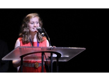 The winner(s) for Supporting Actress in a Play: Molly McGuire, St. Francis Xavier High School for The Hunchback of Notre Dame, accept(s) their award, during the 10th annual Cappies Gala awards, held at the National Arts Centre, on June 07, 2015.