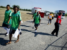The women from the Ivory Coast soccer team are in Ottawa to take part in FIFA Women's World Cup. The team arrived for a practice at the new soccer field at Wesley Clover Equestrian Park Thursday June 4, 2015.   ( Ashley Fraser / Ottawa Citizen )