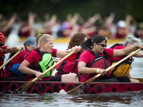 Tim Hortons Ottawa Dragon Boat Festival, recognized as North America's largest dragon boating festival spread over four days at Mooney's Bay Park. Paddlers push to the finish line during races Saturday June 27, 2015.