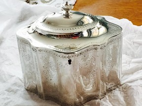 This tea caddy by renowned English silversmith Hester Bateman would get about $2,500 at auction.