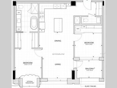 The Centennial is a two-bedroom unit with 947 square feet and an optional bay window seat.