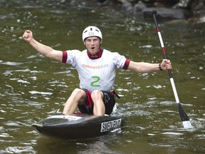 Cameron Smedley of Ottawa celebrates his Pan Am silver medal in the C1 solo canoe slalom.