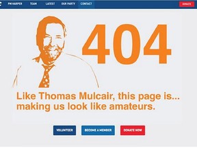 "404: Thomas Mulcair, this page is... making us look like amateurs." screen capture for use with Gargoyle