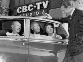 A 1968 PHOTO OF REGULARS ON THE RECENTLY CANCELLED TV SHOW FRONT PAGE CHALLENGE: FROM LEFT, GORDON SINCLAIR, PIERRE BERTON AND BETTY KENNEDY WITH HOST FRED DAVIS.