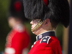 A Cerremonial Guard member stands in the  sweltering heat outside Rideau Hall Wednesday July 29, 2015. When temperatures climb, many wonder how the soldiers in their thick full-dress uniforms are able to cope.