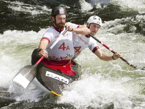 Ben Hayward and Cameron Smedley negotiate gates in the semifinal of the Men's Canoe (C2) event at the PanAm games.