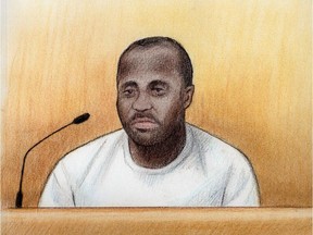 Artist's sketch of Deinsberg St-Hilaire at his bail hearing, July 13, 2015.