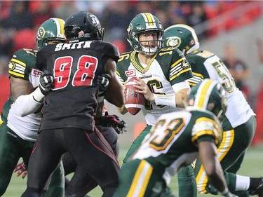 Edmonton quarterback Matt Nichols looks for a receiver.