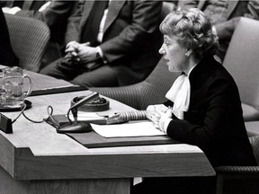 Flora MacDonald, then Canada's Secretary of State for External Affairs, addresses the United Nations regarding a draft resolution for further action on American hostages being held in Iran on Dec. 30, 1979 in New York.