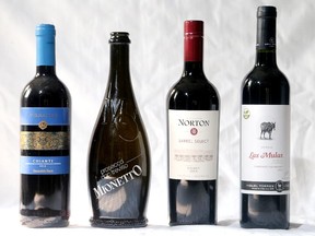 From left: Vernaiolo, Mionetto, Norton Barrel Select and Las Mulas. Rod Phillips' wine column (Julie Oliver / Ottawa Citizen)