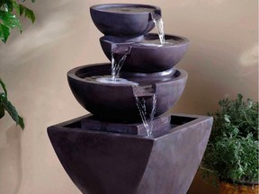 Portable water features — like this tiered bowls water fountain at overstock.com — are one solution for small outdoor spaces such as balconies. In winter, it can just as easily be used indoors.