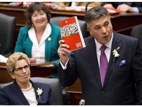 Finance Minister Charles Sousa, right, delivers the tabling of the budget next to Premier Kathleen Wynne at Queen's Park in Toronto on Thursday, April 23, 2015.