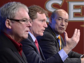 Ottawa Senators president Cyril Leeder,  centre,  makes a public plea for a liver donor for team owner Eugene Melnyk at a news conference on May 14 with  team physician Dr. Don Chow, right, and Gary O'Byrne, the regional manager of the Canadian Liver Foundation.