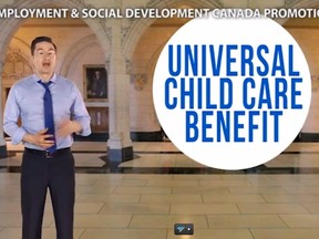 This ad featuring former employment minister Pierre Poilievre promoting Universal Child Care Benefit, would not be allowed under new government rules because it features the colour of the then-governing party.