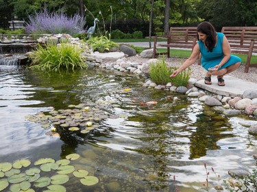 Madhu Kochar feeds the Koi in the pond that was installed at the front of the home.