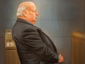 Mike Duffy attends his trial in Ottawa, Thursday, June 4, 2015 in this artist's sketch.