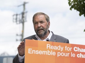 NDP Leader Tom Mulcair speaks in Waterloo, Ont., on Friday, July 24, 2015. Is he a 'careerist' or does that label apply to a few other folks in a few other parties, too?