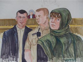 In this artist's sketch, John Nuttall (left) and Amanda Korody appear in court in Vancouver, Monday. Feb.2, 2015.