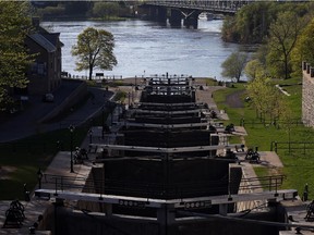 Rideau Canal locks and Alexandra Bridge in Ottawa.