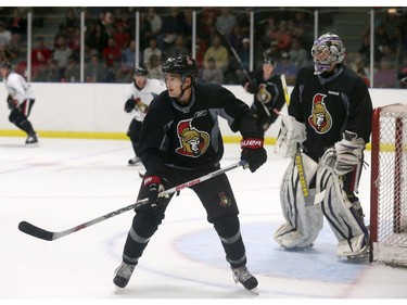 Prospect Colin White #82 of the Ottawa Senators looks on during a scrimmage at the Kanata Recreation Centre in Ottawa on July 2, 2015.