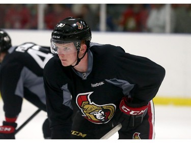 Prospect Kelly Summers #70 of the Ottawa Senators prepares for a face-off during a scrimmage at the Kanata Recreation Centre in Ottawa on July 2, 2015.