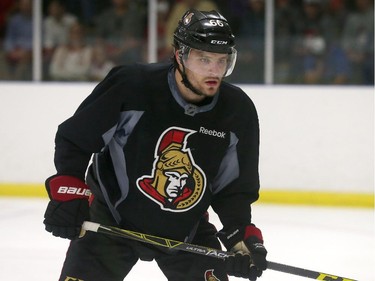 Prospect Mikael Wikstrand #66 of the Ottawa Senators looks on during a scrimmage at the Kanata Recreation Centre in Ottawa on July 2, 2015.