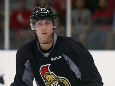 Prospect Neal Goff #73 of the Ottawa Senators looks on during a scrimmage at the Kanata Recreation Centre in Ottawa on July 2, 2015.