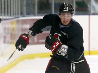Prospect Tobias Lindberg #23 of the Ottawa Senators skates after the puck during a scrimmage at the Kanata Recreation Centre in Ottawa on July 2, 2015.