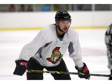 Prospect Travis Ewanyk #84 of the Ottawa Senators looks on during a scrimmage at the Kanata Recreation Centre in Ottawa on July 2, 2015.