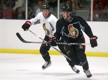 Prospects Filip Chlapik #78 and Chris Leblanc #42 of the Ottawa Senators skate during a scrimmage at the Kanata Recreation Centre in Ottawa on July 2, 2015.