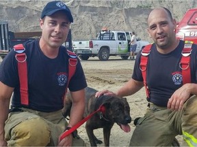 Sébastien Marmen and Daniel Beaudoin with Nicky, a boxer-Rottweiler mix they helped rescue from the side of a quarry in Quebec.